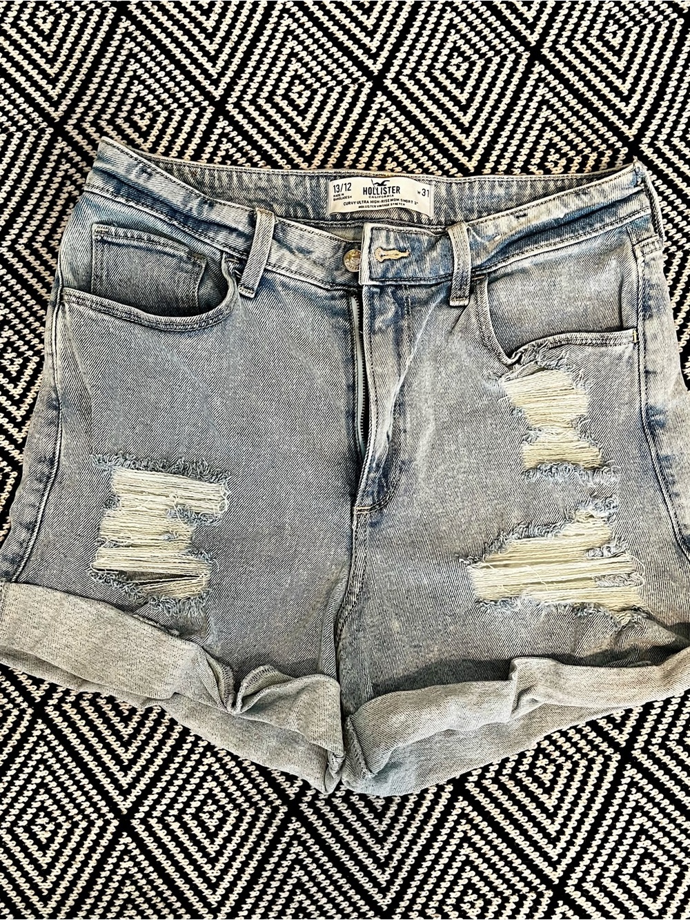 Hollister Light Blue Distressed Roll-Hem Denim Shorts